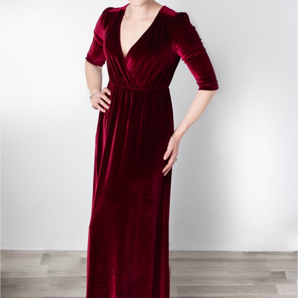 Baltic Born Red Velvet Gown Puff Sleeve V-Neck